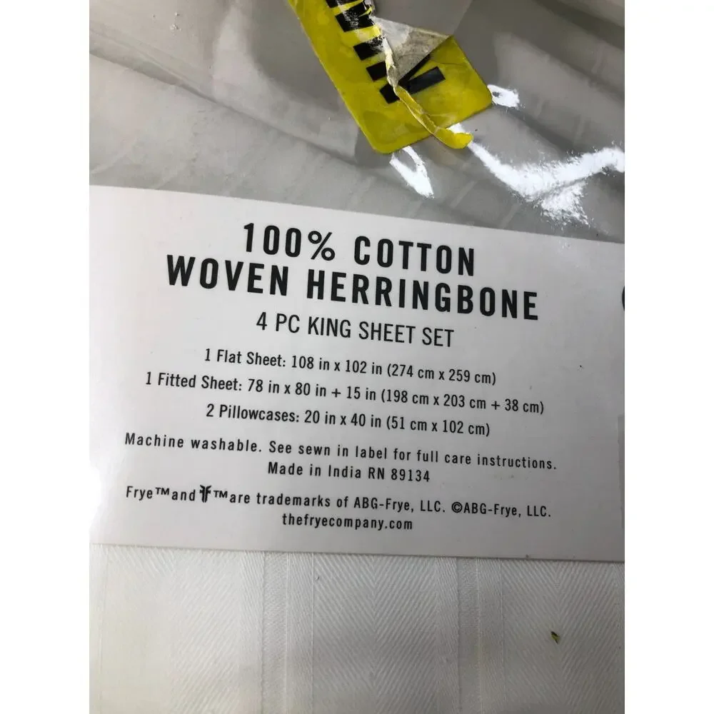 NEW FRYE King Sheet Set 100% Cotton Woven Herringbone 4 PC in White-Original Bag